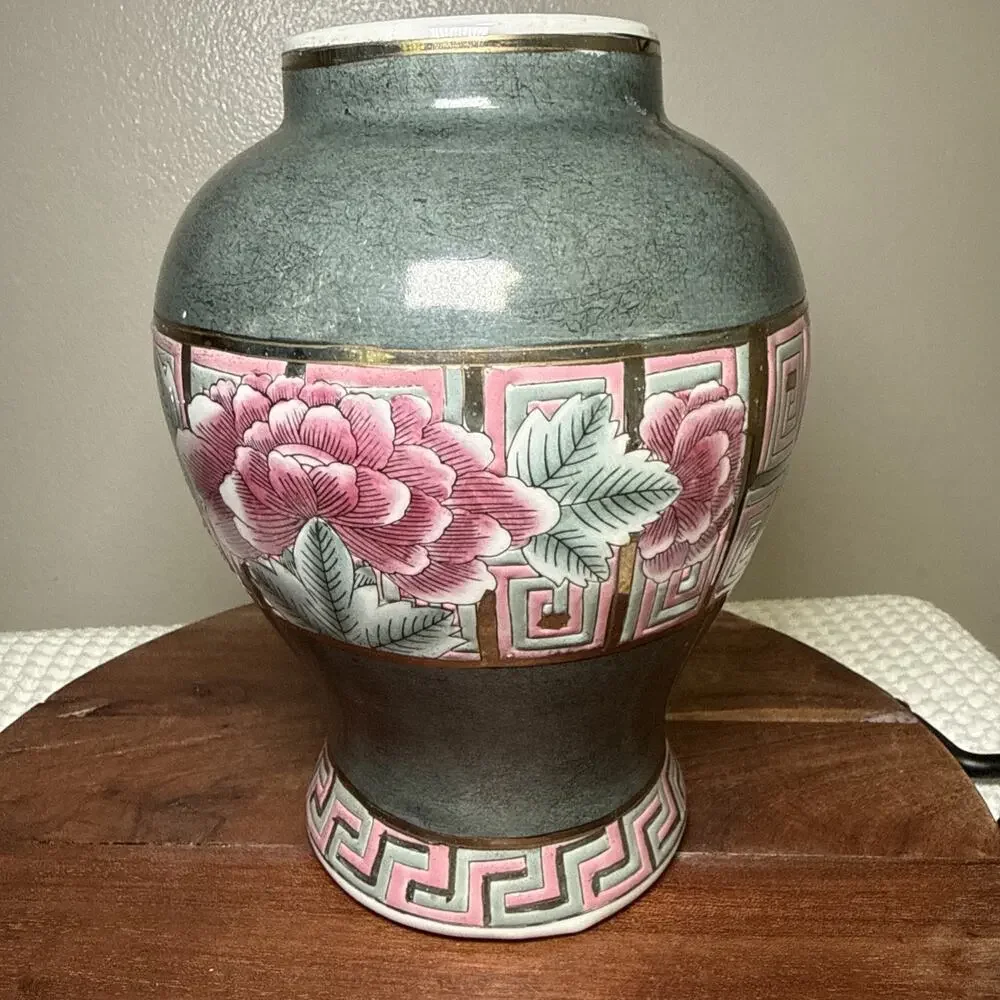 Vintage Chinese Famille Rose Porcelain Vase Peony Celadon 8.5” Hand Painted